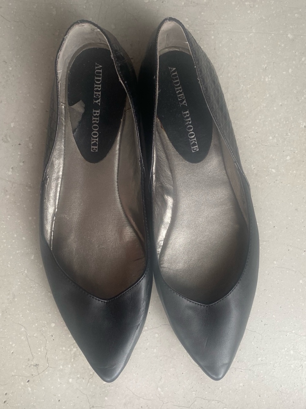 Audrey Brooke Black Pointed Toe Flats with Croc-Texture Trim
